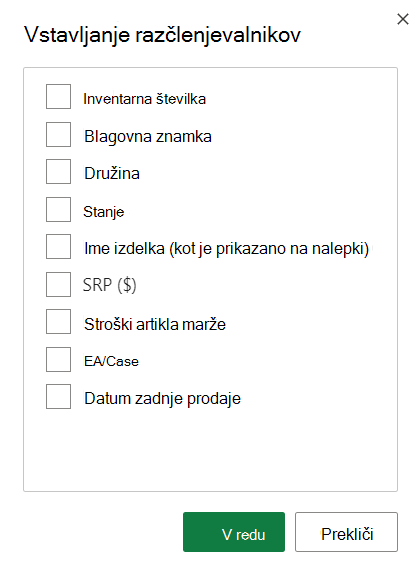 Posnetek zaslona možnosti vstavljanja razčlenjevalnika.