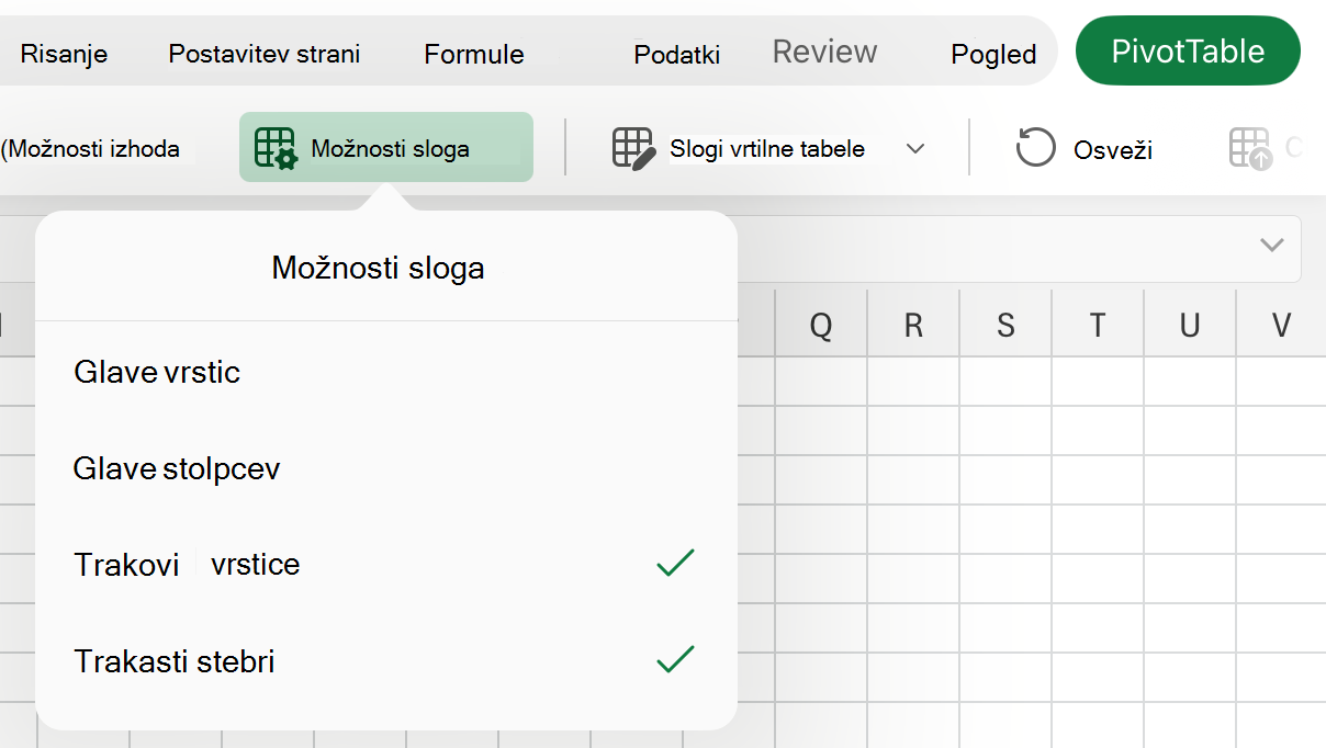 Spustni meni »Možnosti sloga« v iPadu