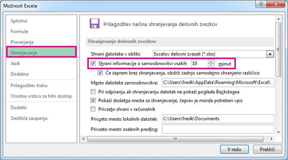 Možnost »Shrani« v razdelku »Možnosti Excela«