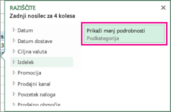 Gumb »Prikaži na ravni z manj podrobnostmi« v polju »Razišči«