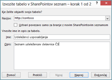 Pogovorno okno čarovnika za izvažanje v SharePoint