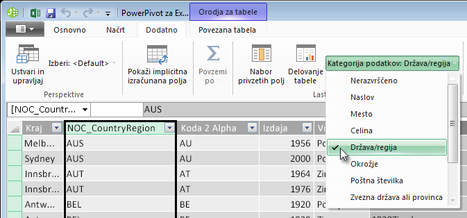 Kategorije podatkov v dodatku PowerPivot