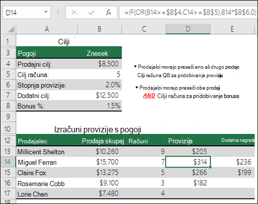 Primer uporabe funkcije IF in OR za izračun prodajne provizije.