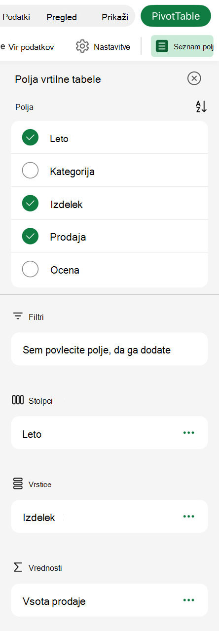 Vrtilna tabela v iPadu – seznam polj