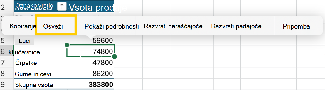 Osvežite vrtilno tabelo iz kontekstnega menija v iPadu.