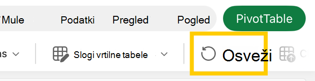 Gumb za osveževanje vrtilne tabele na traku v iPadu.