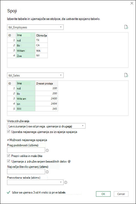 Možnosti mehkega spajanja Power Query