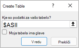 Pogovorno okno Iz tabele«