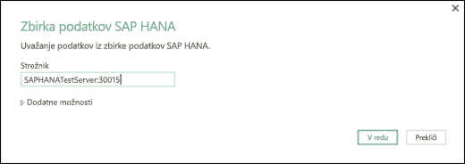 Pogovorno okno »Zbirka podatkov SAP HANA«