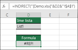 Primer napake #REF!, ki jo povzroči INDIRECT sklicevanje na zaprt delovni zvezek.