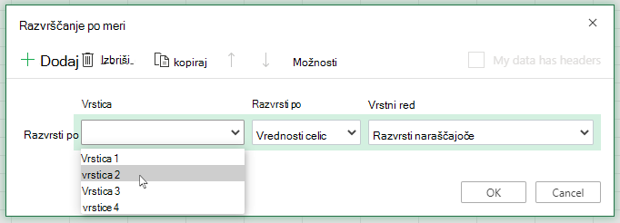 Spustni seznam vrstic v pogovornem oknu za razvrščanje po meri se odpre, ko izberete možnost razvrščanja od leve proti desni
