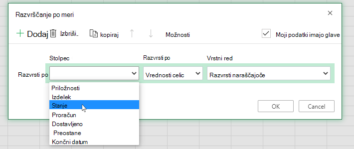 Izberite stolpec v pogovornem oknu za razvrščanje po meri