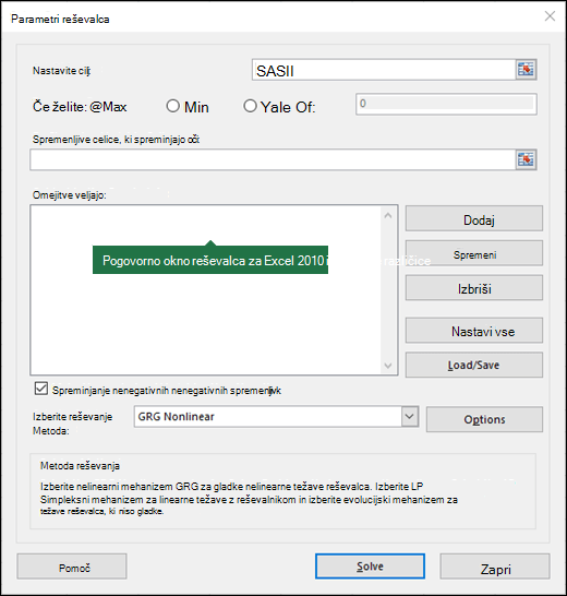 Slika pogovornega okna Excel 2010+ Reševalnik