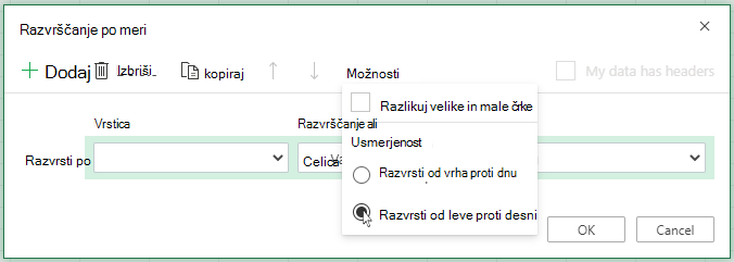 Razvrščanje po meri open Options Menu and select sort left to right