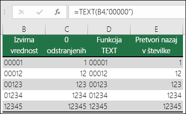 Primeri uporabe funkcije TEXT za oblikovanje vodilnih ničel. =TEXT(A2,00000)