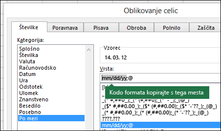 Primer uporabe pogovornega okna »Oblikovanje > številk > celic > po meri«, kjer lahko Excel za vas ustvari nize oblikovanja.