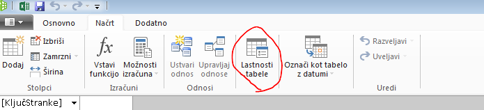 Trak v oknu PowerPivot, ki prikazuje ukaz »Lastnosti tabele«