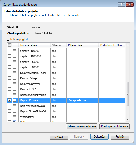 Čarovnik za uvoz tabel v dodatku PowerPivot
