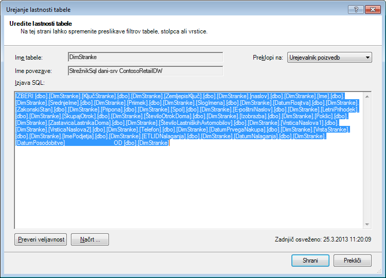 Poizvedba SQL, s katero so pridobljeni podatki