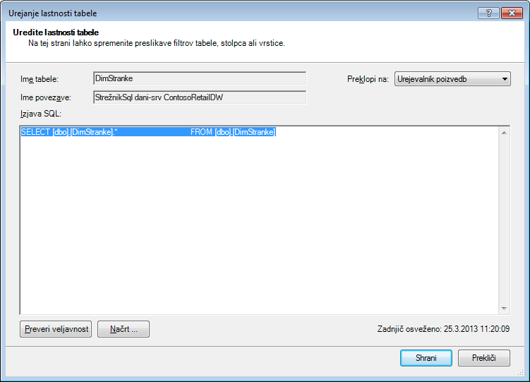 Poizvedba SQL, ki uporablja privzeto, krajšo sintakso