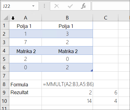 Funkcija MMULT – primer 1