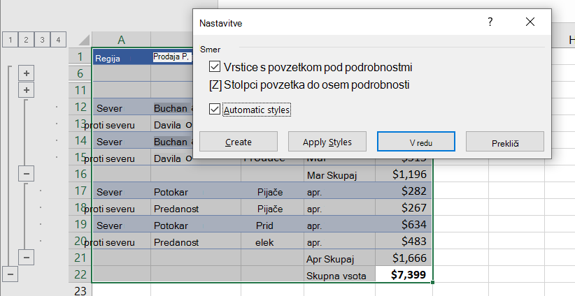Pogovorno okno »Nastavitve« z izbrano možnostjo »Samodejni slogi«