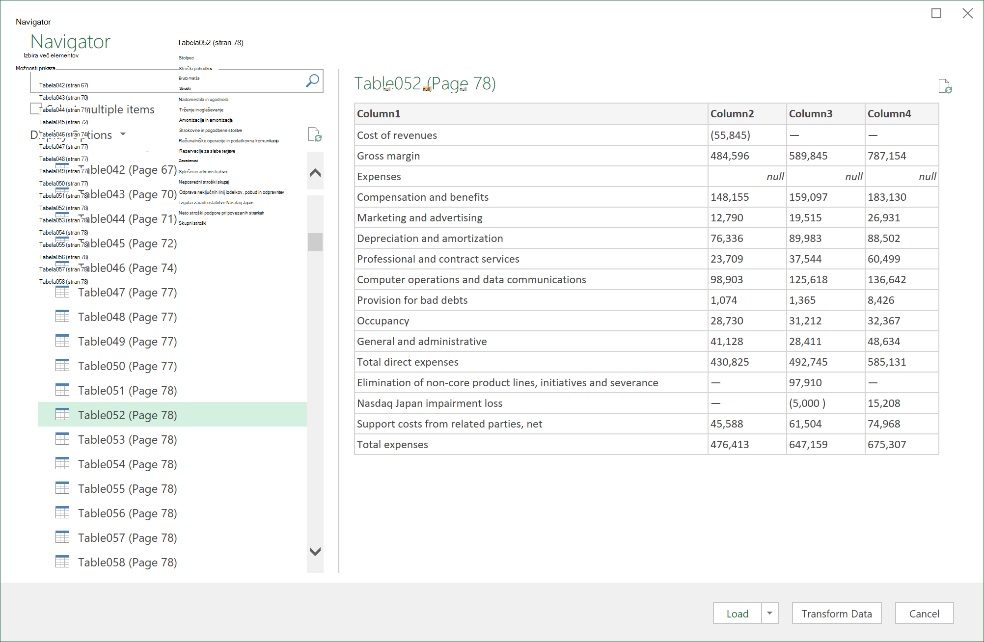The Navigator dialog box for importing PDF data