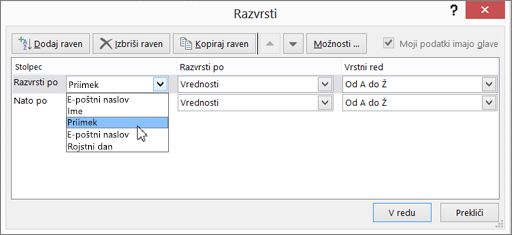 V razdelku »Stolpec« kliknite »Razvrsti po« in izberite možnost.