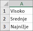 Ustvarjanje seznama v obsegu celic z vrstnim redom od najvišje do najnižje vrednosti