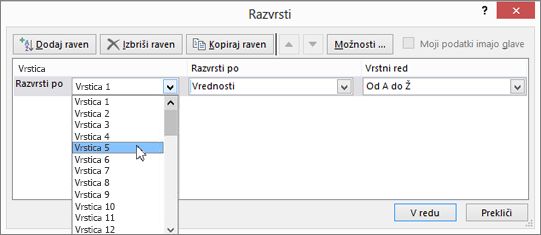 Izberite vrstico, ki jo želite razvrstiti.