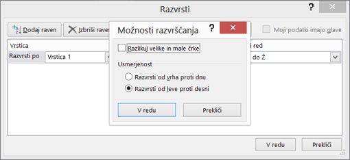 V polju »Možnosti razvrščanja« kliknite »Od leve proti desni«.