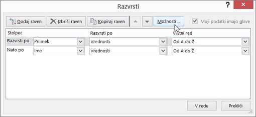 Kliknite »Razvrsti«, da odprete pogovorno okno »Razvrščanje«.