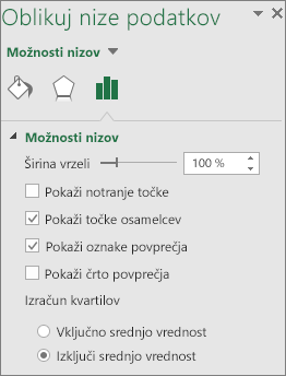 Podokno opravil za oblikovanje podatkovnih serij, ki prikazuje možnosti grafikona kvartilov v sistemu Office 2016 za Windows