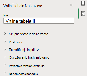 Podokno z nastavitvami vrtilne tabele v Excelu za splet