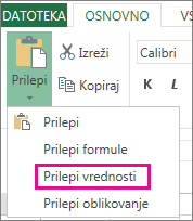Ukaz za lepljenje z možnostjo »Prilepi vrednosti« v programu Excel Web App