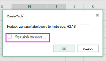 Pogovorno okno za pretvorbo obsega podatkov v tabelo