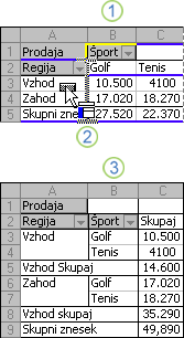 Primer spreminjanja postavitve poročila vrtilne tabele