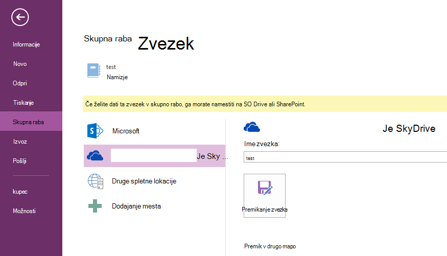 kliknite »Premakni zvezek«