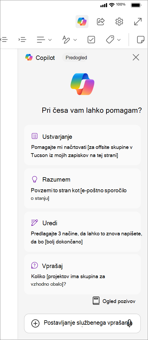 Dostop do gumba Copilot v OneNotu za iOS