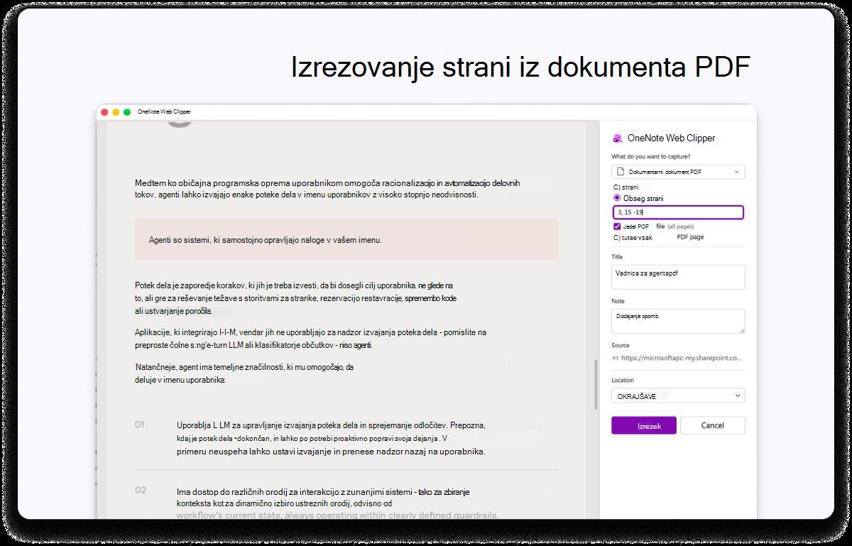 Posnetek zaslona strani PDF s stranskim podoknom za nastavitve. Besedilo na vrhu pravi, da želite izrezati strani iz PDF-ja.