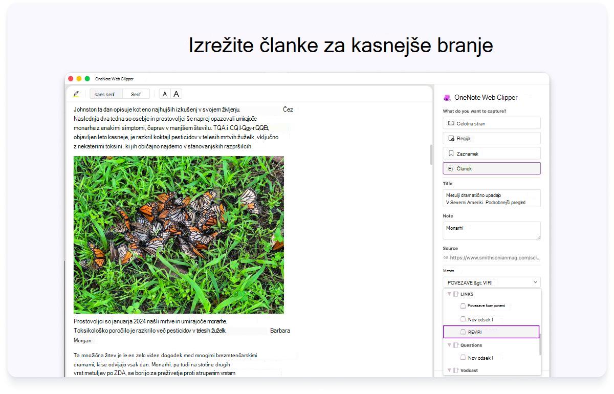 Posnetek zaslona spletne strani s stranskim podoknom za nastavitve. Besedilo na vrhu pravi, da želite izrezati članke za kasnejše branje.