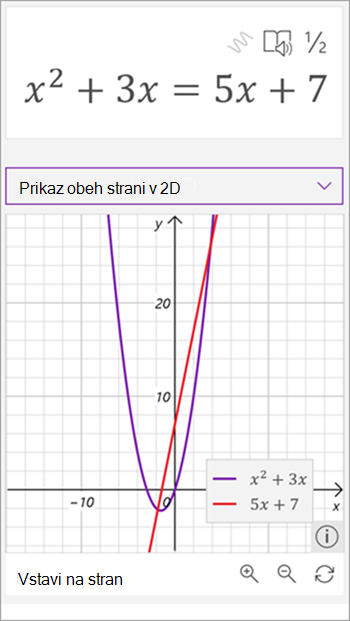 Posnetek zaslona grafikona, ki ga je ustvaril pomočnik za matematične enačbe za enačbo x na kvadrat plus 3 x je enako 5 x plus sedem. Črta je prikazana rdeče, parabola pa vijolično