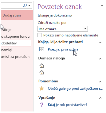 Iskanje označenih zapiskov v podoknu »Povzetek oznak«