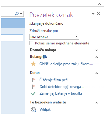 Opravila so prikazana v podoknu »Povzetek oznak«.