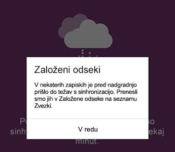 Obvestilo o napačno postavljenih odsekih v OneNotu za Android