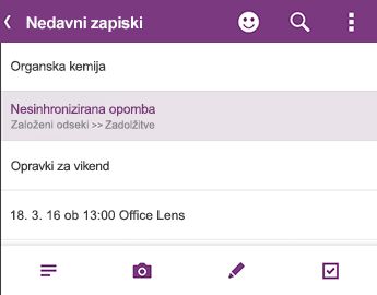 Seznam nedavnih zapiskov v OneNote za Android
