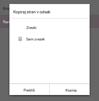 Meni »Kopiraj stran« v OneNotu za Android