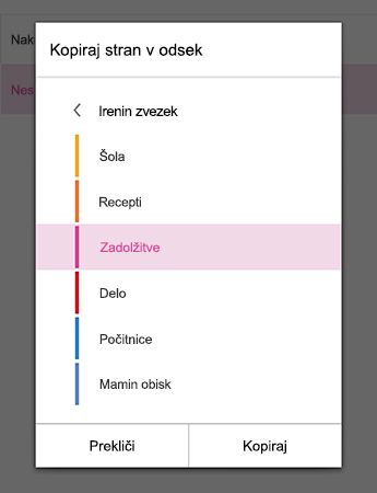 Meni »Kopiraj stran v odsek« v OneNotu za Android