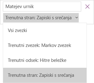 Prikaže spustni meni iskanja z možnostmi obsega; trenutna stran je aktivna.