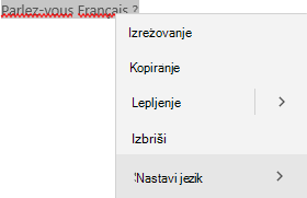 Izbrano francosko besedilo, ki prikazuje priročni meni za nastavitev jezika.